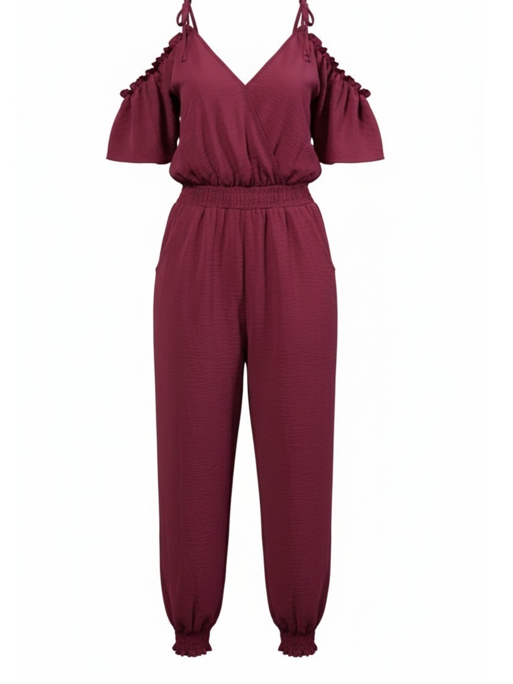 NWT Cold-Shoulder Burgundy V-Neck Romper Jumpsuit  With Pockets Size S